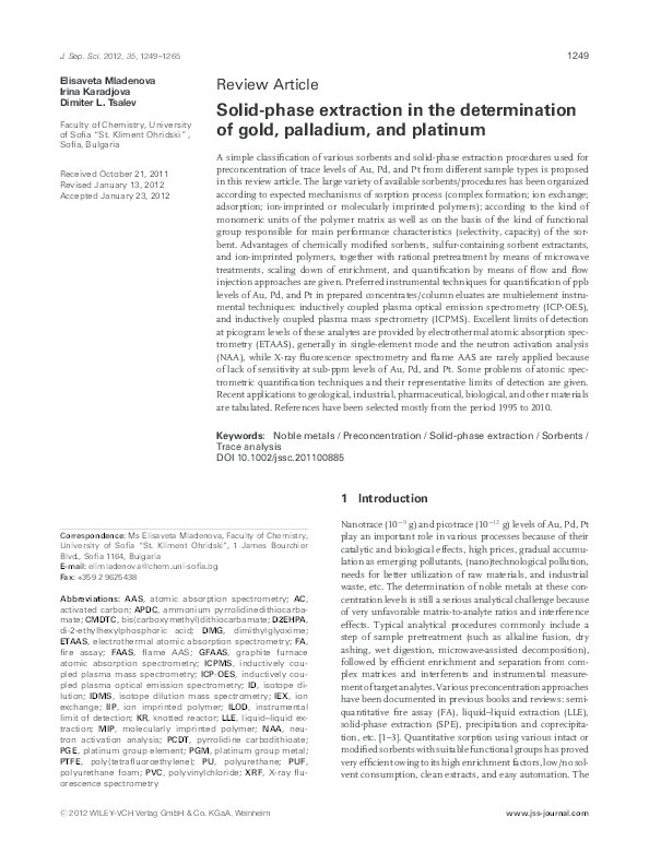 First page of “Solid-phase extraction in the determination of gold, palladium, and platinum”