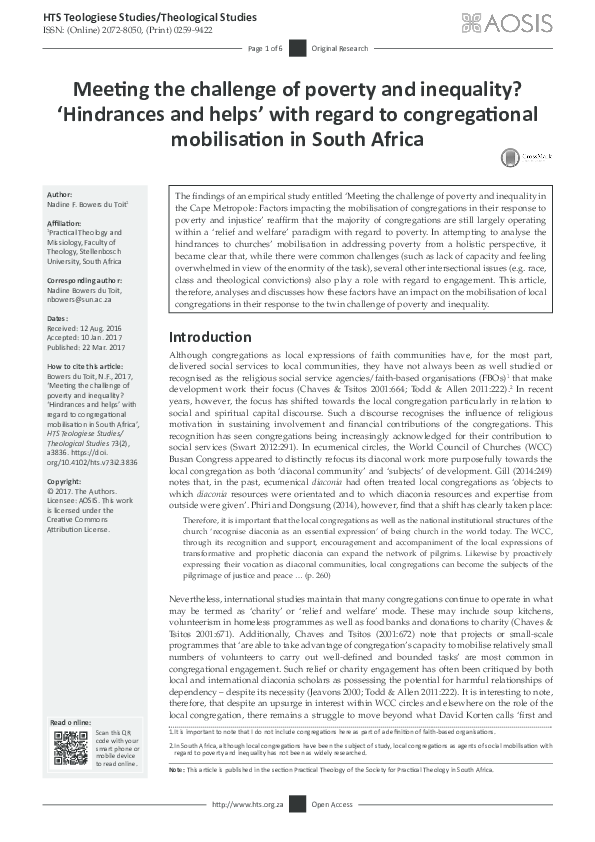 First page of “Meeting the challenge of poverty and inequality? ‘Hindrances and helps’ with regard to congregational mobilisation in South Africa”