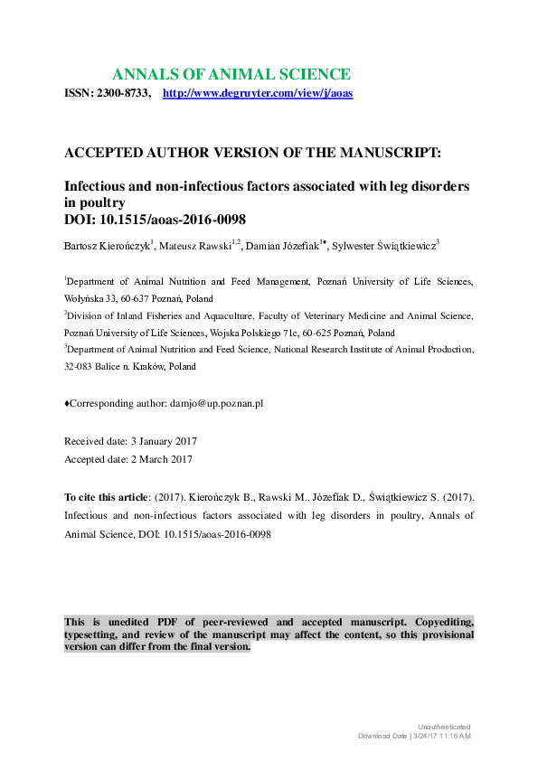 First page of “Infectious and non-infectious factors associated with leg disorders in poultry”