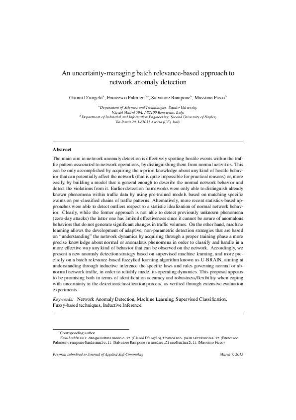 First page of “An uncertainty-managing batch relevance-based approach to network anomaly detection”