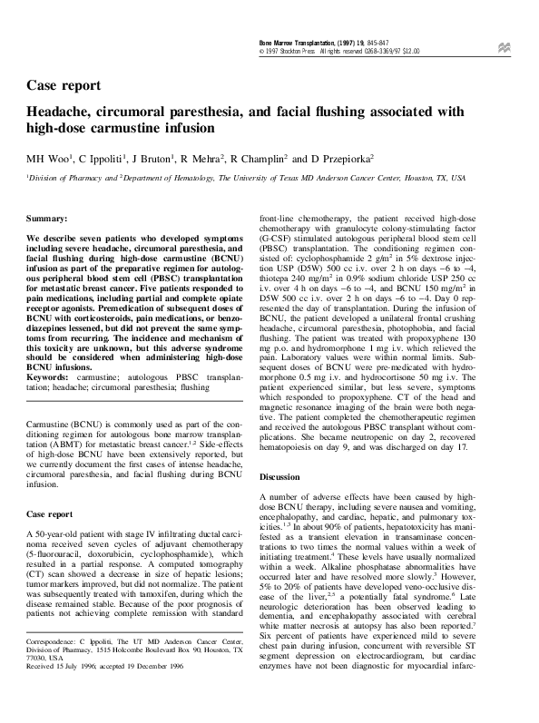 First page of “Headache, circumoral paresthesia, and facial flushing associated with high-dose carmustine infusion”