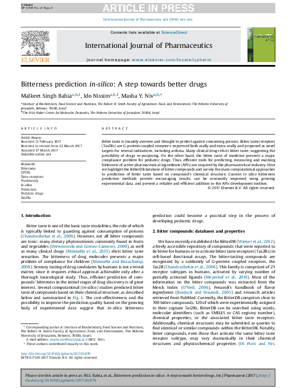 First page of “Bitterness prediction in-silico: A step towards better drugs”