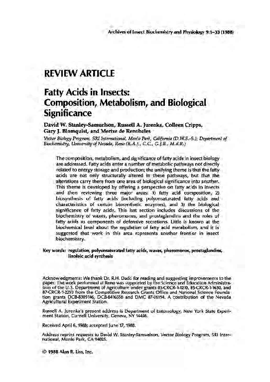 First page of “Fatty acids in insects: Composition, metabolism, and biological significance”