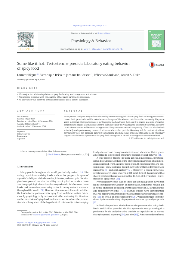 First page of “Some like it hot: Testosterone predicts laboratory eating behavior of spicy food”