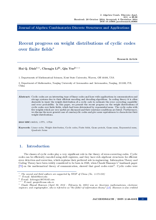 First page of “Recent progress on weight distributions of cyclic codes over finite fields”