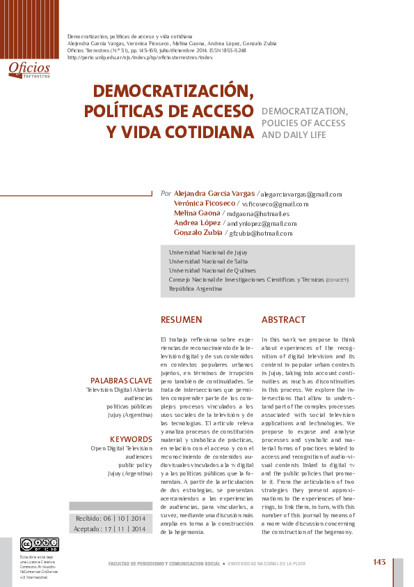 First page of “Democratización, políticas de acceso y vida cotidiana”