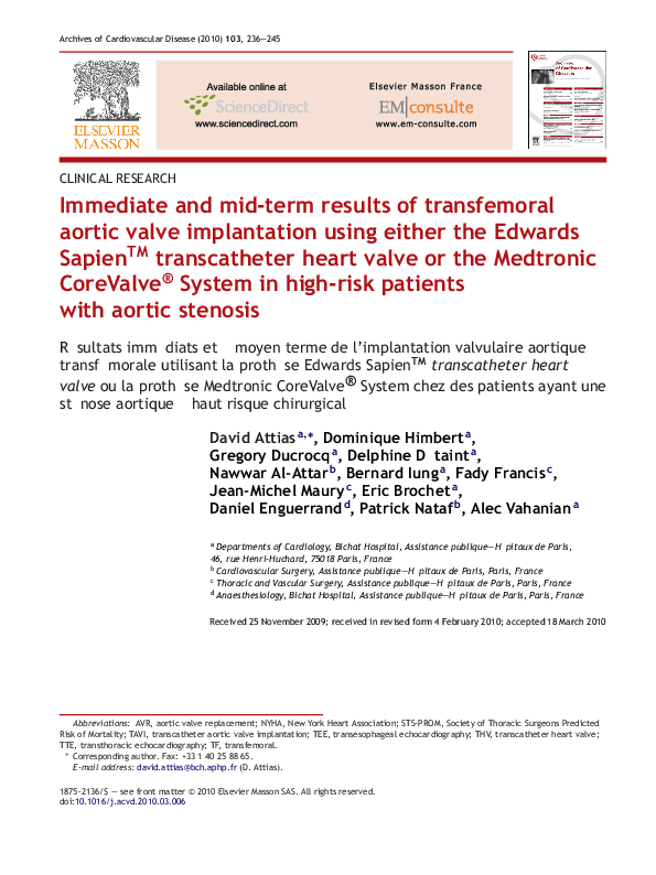 First page of “Immediate and mid-term results of transfemoral aortic valve implantation using either the Edwards Sapien™ transcatheter heart valve or the Medtronic CoreValve® System in high-risk patients with aortic stenosis”