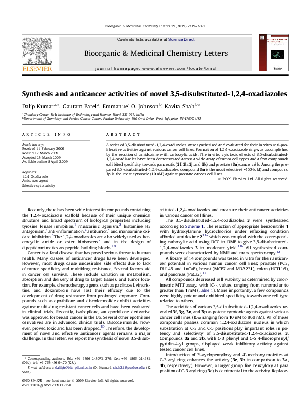 First page of “Synthesis and anticancer activities of novel 3,5-disubstituted-1,2,4-oxadiazoles”