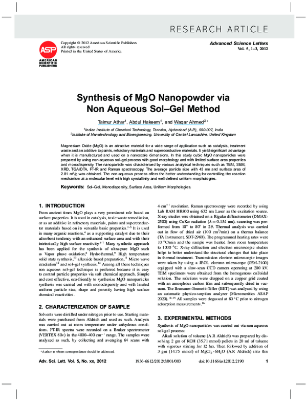 First page of “Synthesis of MgO Nanopowder via Non Aqueous Sol–Gel Method”