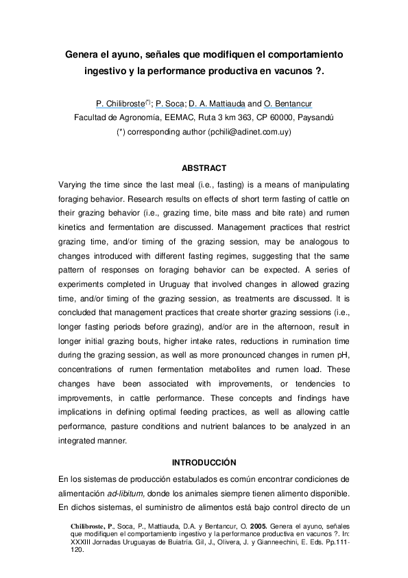 First page of “Genera el ayuno, señales que modifiquen el comportamiento ingestivo y la performance productiva en vacunos ?”