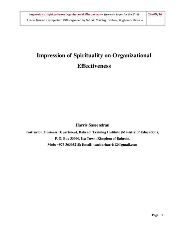 First page of “Impression of Spirituality on Organizational Effectiveness – Impression of Spirituality on Organizational Effectiveness”