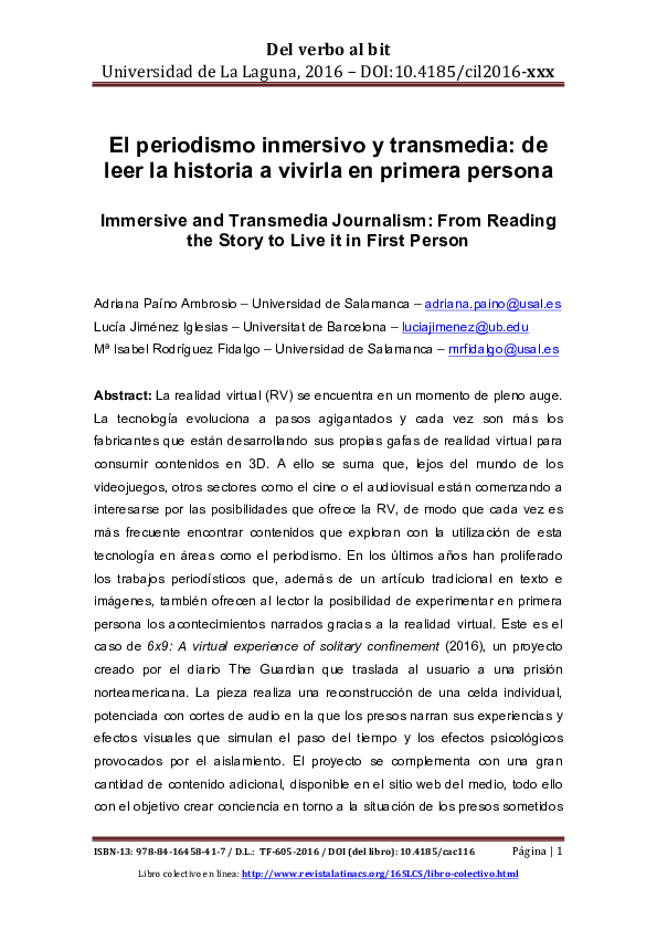 First page of “El periodismo inmersivo y transmedia: de leer la historia a vivirla en primera persona”