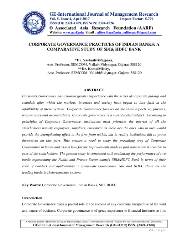 First page of “CORPORATE GOVERNANCE PRACTICES OF INDIAN BANKS: A COMPARATIVE STUDY OF SBI& HDFC BANK”