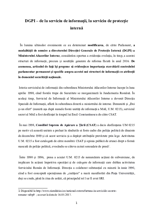 First page of “DGPI – de la serviciu de informații, la serviciu de protecție internă”