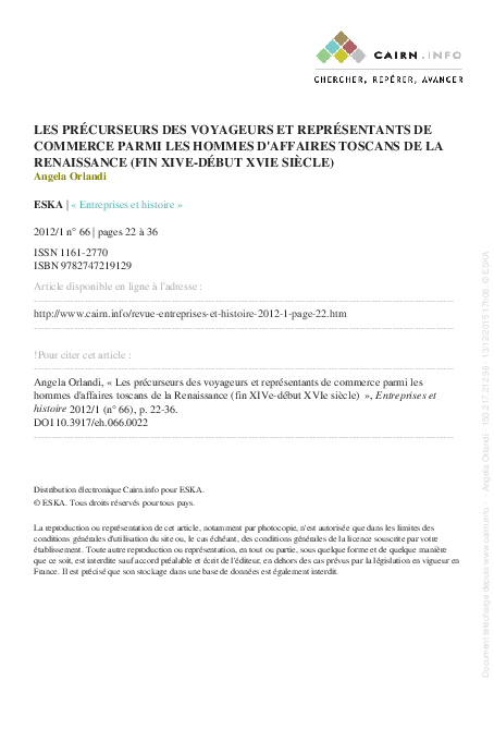 First page of “Les précurseurs des voyageurs et représentants de commerce parmi les hommes d'affaires toscans de la Renaissance (fin XIVe-début XVIe siècle), «Entreprises et Histoire», 66, 2012/1, pp. 22-36.”