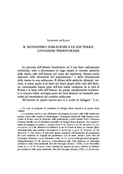 First page of “Il monastero sublacense e le sue terre: un’analisi territoriale, in L. ERMINI PANI (a cura di) Le valli dei monaci. De Re Monastica III, (Roma – Subiaco 17-19 maggio 2010), Spoleto, 2012, pp. 1-16.”