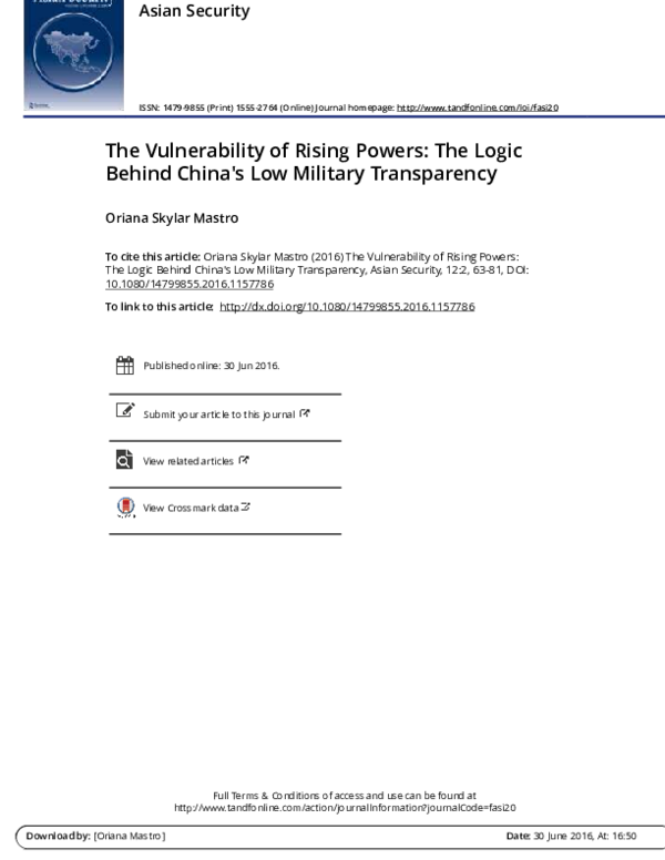 First page of “The Vulnerability of Rising Powers: The Logic Behind China's Low Military Transparency”
