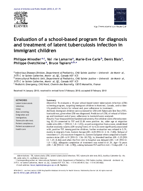 First page of “Evaluation of a school-based program for diagnosis and treatment of latent tuberculosis infection in immigrant children”