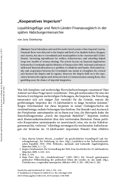 First page of “„Kooperatives Imperium“: Loyalitätsgefüge und Reich-Länder-Finanzausgleich in der späten Habsburgermonarchie”