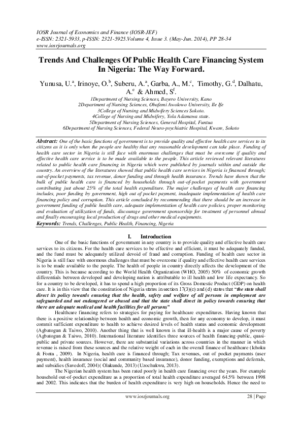 First page of “Trends And Challenges Of Public Health Care Financing System In Nigeria: The Way Forward”