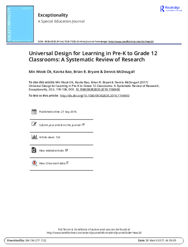 First page of “Universal Design for Learning in Pre-K to Grade 12 Classrooms: A Systematic Review of Research”
