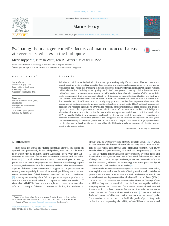 First page of “Evaluating the management effectiveness of marine protected areas at seven selected sites in the Philippines”