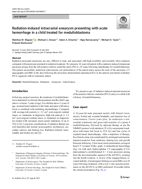 First page of “Radiation-induced intracranial aneurysm presenting with acute hemorrhage in a child treated for medulloblastoma”