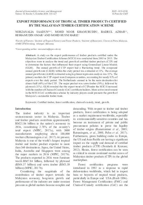 First page of “EXPORT PERFORMANCE OF TROPICAL TIMBER PRODUCTS CERTIFIED BY THE MALAYSIAN TIMBER CERTIFICATION SCHEME”