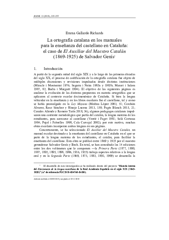 First page of “La ortografía catalana en los manuales para la enseñanza del castellano en Cataluña: el caso de El Auxiliar del Maestro Catalán (1869-1925) de Salvador Genís”