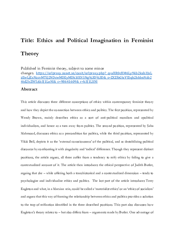 First page of “Title: Ethics and Political Imagination in Feminist Theory”