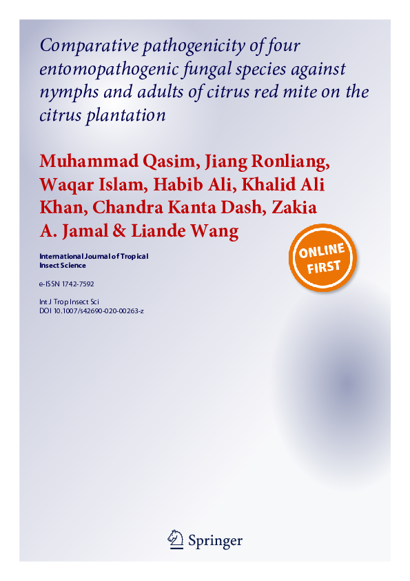 First page of “Comparative pathogenicity of four entomopathogenic fungal species against nymphs and adults of citrus red mite on the citrus plantation”