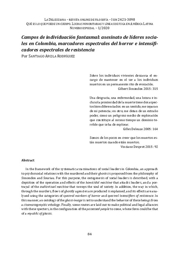 First page of “Campos de individuación fantasmal: asesinato de líderes sociales en Colombia, marcadores espectrales del horror e intensificadores espectrales de resistencia”