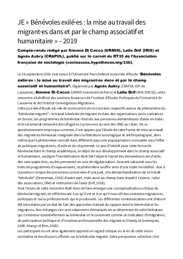 First page of “Compte-rendu Journée d'étude « Bénévoles exilé·es : la mise au travail des migrant·es dans et par le champ associatif et humanitaire » (2019)”