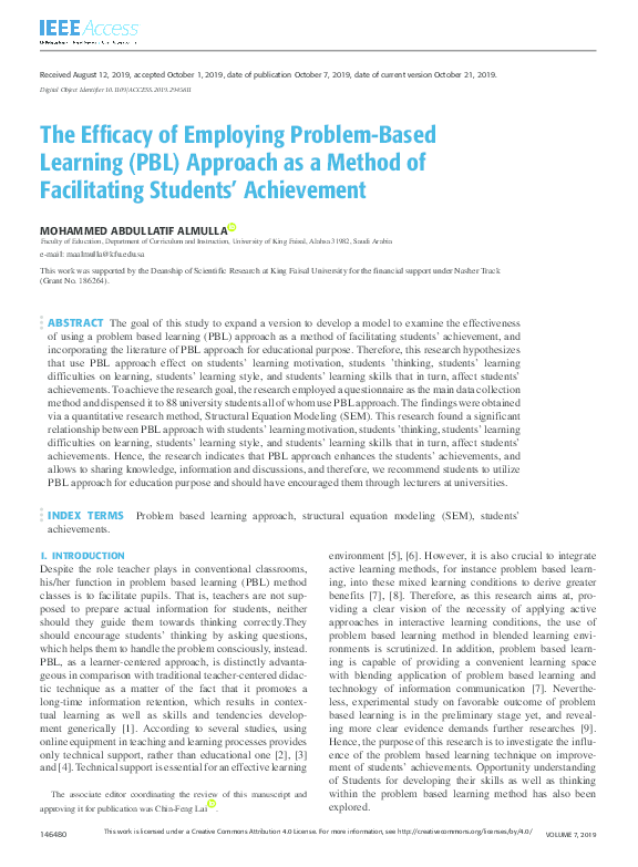 First page of “The Efficacy of Employing Problem-Based Learning (PBL) Approach as a Method of Facilitating Students' Achievement”