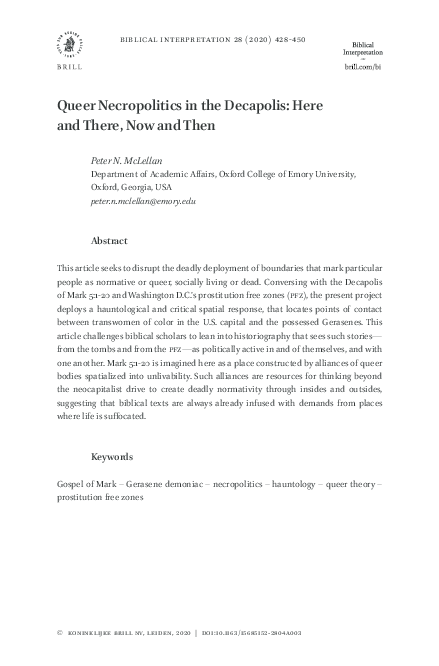 First page of “"Queer Necropolitics in the Decapolis: Here and There, Now and Then," Biblical Interpretation 28.4 (2020)”