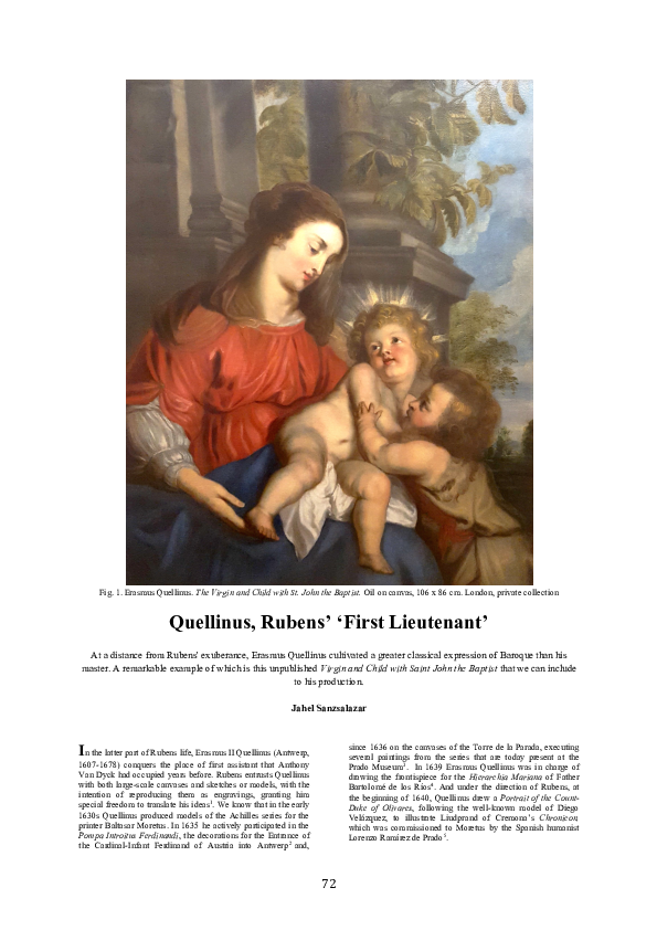 First page of “"Quellinus, Rubens 'First Lieutenant' (English version), Tendencias del mercado del Arte, (Jan 2020), pp. 72-75”