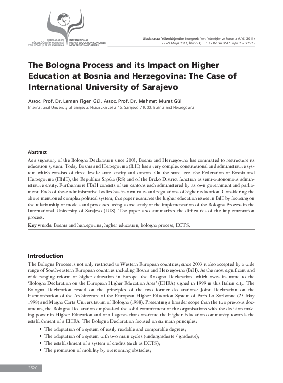 First page of “THE BOLOGNA PROCESS AND ITS IMPACT ON HIGHER EDUCATION AT BOSNIA AND HERZEGOVINA: THE CASE OF INTERNATIONAL UNIVERSITY OF SARAJEVO”