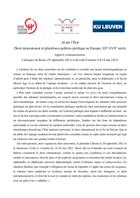 First page of “Appel à communications: Avant l'État. Droit international et pluralisme politico-juridique en Europe, XIIe-XVIIe siècle”