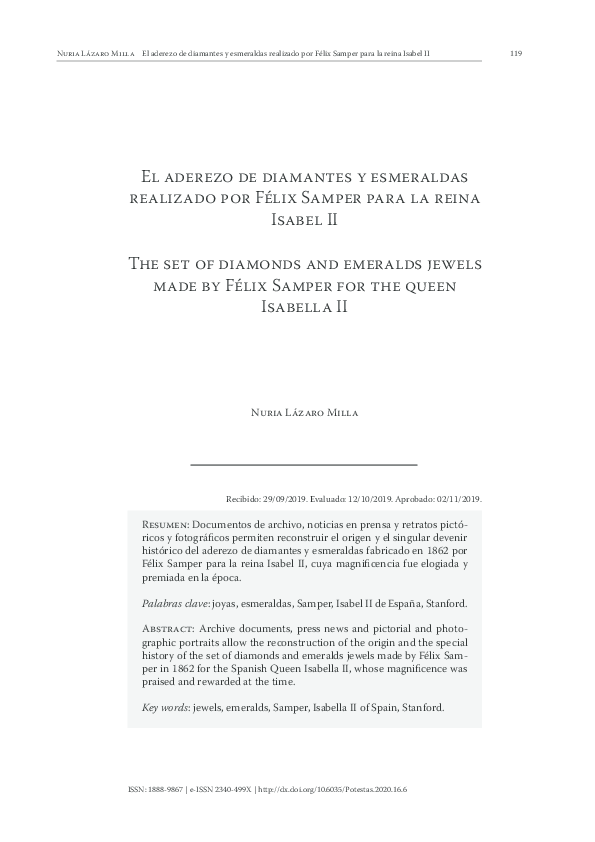 First page of “El aderezo de diamantes y esmeraldas realizado por Félix Samper para la reina Isabel II”