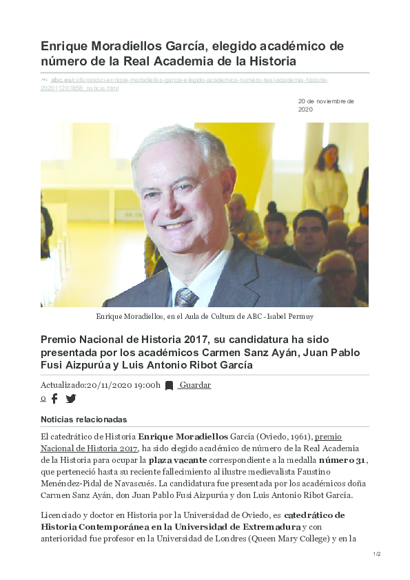 First page of “DOSSIER DE PRENSA CON NOTICIAS SOBRE LA ELECCIÓN DE D. ENRIQUE MORADIELLOS GARCÍA COMO ACADÉMICO DE NÚMERO DE LA REAL ACADEMIA DE LA HISTORIA. 20 DE NOVIEMBRE DE 2020”