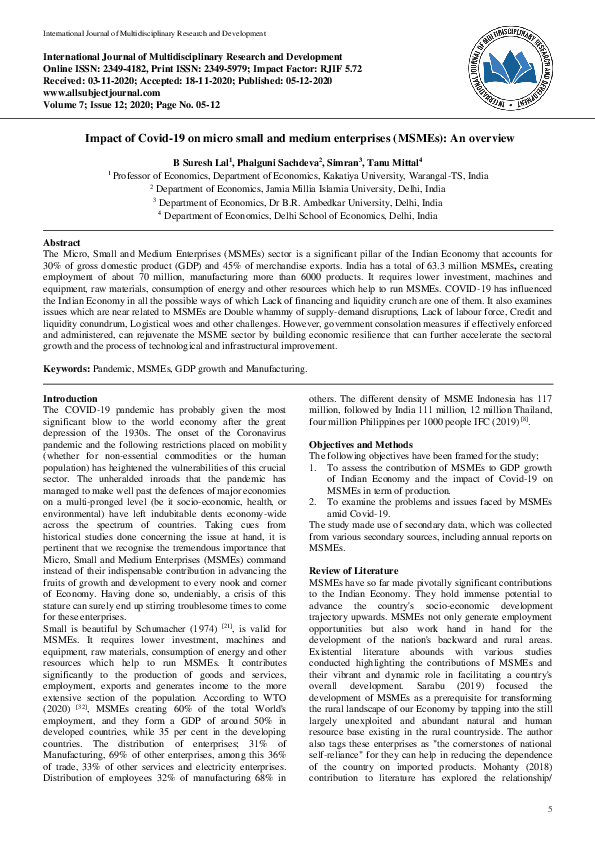 First page of “Impact of Covid-19 on micro small and medium enterprises (MSMEs): An overview”