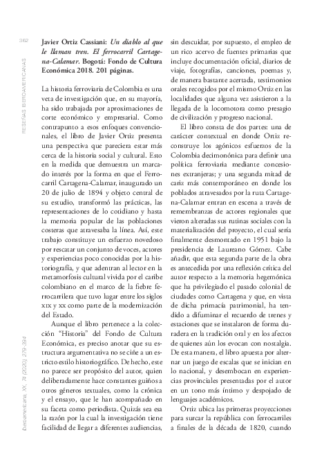 First page of “Ortiz, Javier. 2018. Un diablo al que le llaman tren. El Ferrocarril Cartagena-Calamar. Bogotá: Fondo de Cultura Económica”