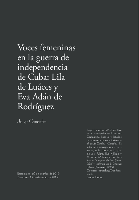 First page of “Voces femeninas en dos textos de la guerra de Cuba: Lila de Luaces y Eva Adán de Rodríguez /Female voices in two texts of the war in Cuba: Lila de Luaces and Eva Adán de Rodríguez”