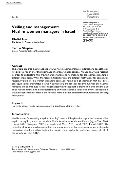 First page of “Veiling and management: Muslim women managers in Israel”