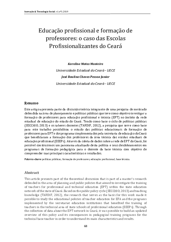 First page of “Educação profissional e formação de professores -  o caso das Escolas Profissionalizantes do Ceará”