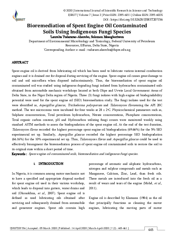 First page of “Bioremediation of Spent Engine Oil Contaminated Soils Using Indigenous Fungi Species”