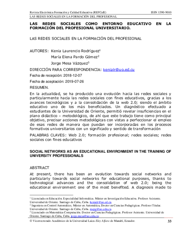 First page of “LAS REDES SOCIALES COMO ENTORNO EDUCATIVO EN LA FORMACIÓN DEL PROFESIONAL UNIVERSITARIO.”