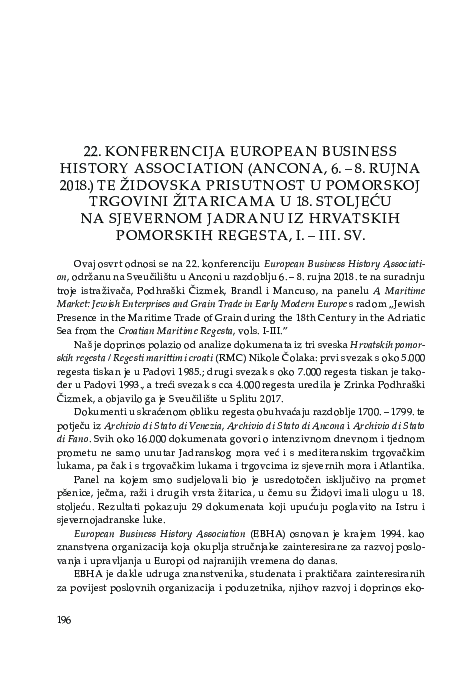 First page of “22. konferencija "European Business History Association" (Ancona 6.-8. rujna 2018.) te židovska prisutnost u pomorskoj trgovini žitaricama u 18. stoljeću na sjevernom Jadranu iz "Hrvatskih pomorskih regesta", I.-III. sv.”