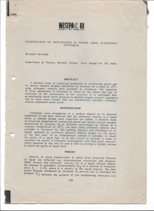 First page of “Investigation of Adulteration in Petrol Using Ultrasonic Technique”