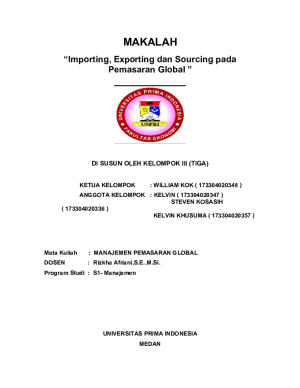 First page of “MAKALAH "Importing, Exporting dan Sourcing pada Pemasaran Global " DI SUSUN OLEH KELOMPOK III (TIGA”